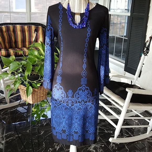 Long Sleeved Black Dress w Cobalt motiff - Picture 1 of 3